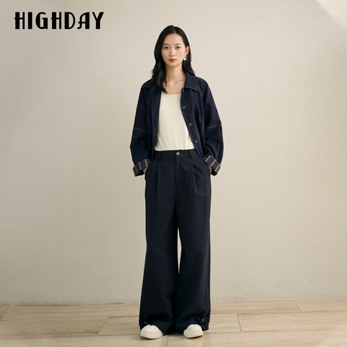 HIGHDAY高腰阔腿休闲裤女2026秋季新款压褶裤脚扣袢垂感直筒长裤