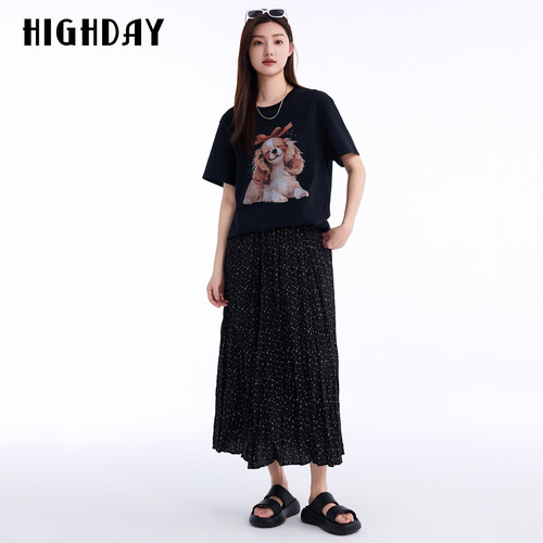 HIGHDAY轩日2026夏新款黑色碎花半身裙女休闲宽松显瘦中长款A字裙