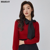 针织毛衫 highday轩日2024早春新款 修身 女蝴蝶结系带设计打底上衣