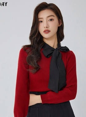 highday轩日2024早春新款修身针织毛衫女蝴蝶结系带设计打底上衣
