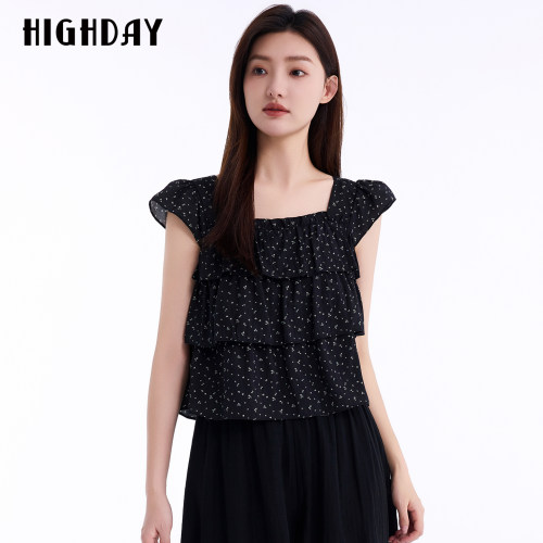 HIGHDAY轩日2026夏新款碎花肩带宽款衬衫女方领木耳边褶皱设计感