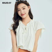 轩日2024夏季 衬衣 度假风宽松系带短袖 新款 木耳花边上衣女商场同款