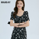 新款 大领口法式 印花裙女商场款 highday轩日24夏装 抽褶修身 连衣裙