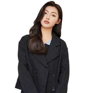 highday轩日2026春季新款西装领宽松双排扣黑色长袖短款小外套女