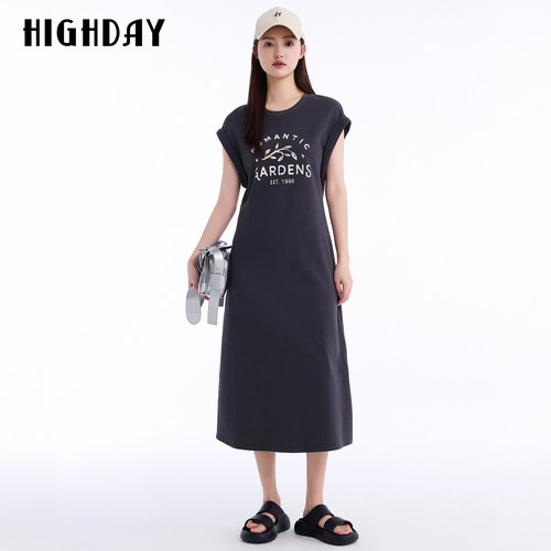 HIGHDAY轩日2026夏新款深灰短袖连衣裙女休闲收腰宽松版型印花