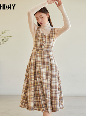highday轩日商场款女裙2024冬季新款复古格纹修身优雅背心连衣裙
