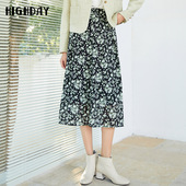 highday轩日商场同款 2024春秋新款 高腰a字半身裙女印花过膝中长裙