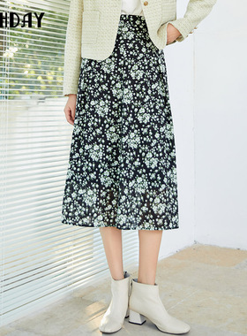 highday轩日商场同款2024春秋新款高腰a字半身裙女印花过膝中长裙