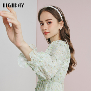 公主裙短裙女系带木耳边长袖 连衣裙 碎花复古法式 highday轩日春季