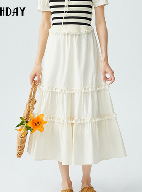 highday轩日2023夏季新款高腰a字半身裙女白色流苏伞裙过膝中长裙