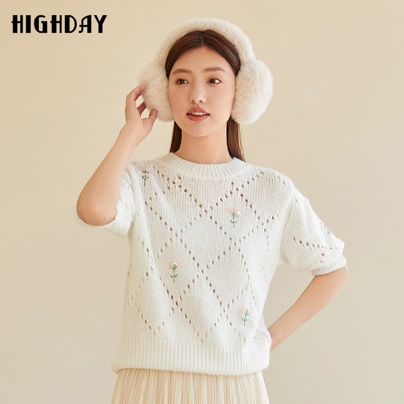 highday轩日2024春秋新款圆领短袖针织上衣女镂空钉珠优雅毛衫ins,女装/女士精品,毛针织衫,淘宝优惠券,粉丝福利购,淘宝优惠卷