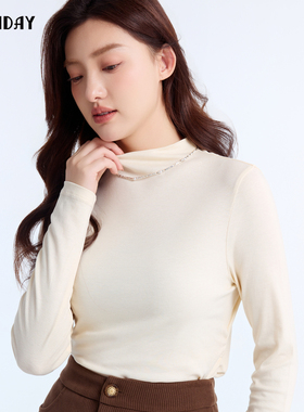 highday轩日2024冬季半高领长袖T恤女纯色简约气质上衣修身打底衫
