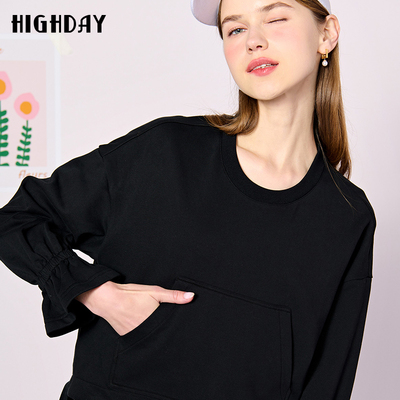 轩日抽绳黑色圆领长袖卫衣