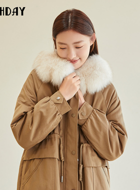 highday轩日2024冬季新款毛领长袖休闲外套女宽松长款大口袋棉衣