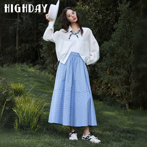 HIGH DAY/轩日蓝色格子半身裙女2026夏季中长款伞裙遮肉显瘦A字裙