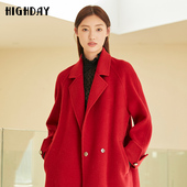 highday轩日24冬季 气质双面尼 领毛呢外套女红色宽松长款 新款 西装