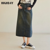 highday轩日2024秋新款 高腰开叉牛仔裙女做旧设计口袋过膝半身裙