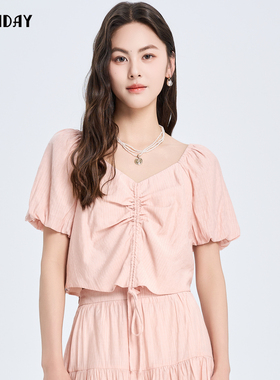 highday轩日套头衬衣2025春季新款粉色甜美时尚短袖女上衣ins