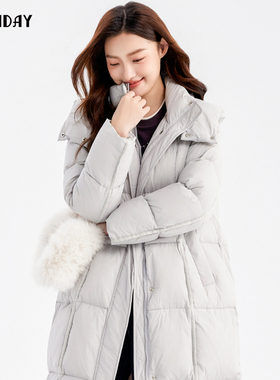 轩日24冬季商场新款保暖女装休闲中长款白鸭绒外套chic连帽羽绒服