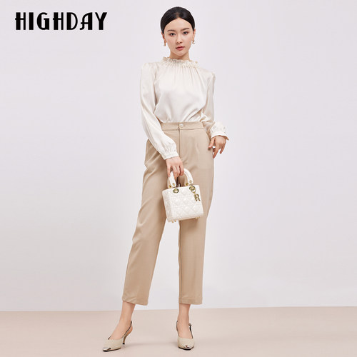 轩日HIGHDAY卡其色休闲裤2026春秋季气质时尚高腰显瘦直筒长裤子
