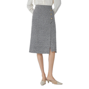轩日2026春季新款高腰黑白格半身裙女气质淑女洋气名媛开叉中长裙