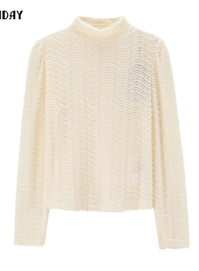 轩日24冬季商场同款条纹上衣女新款半高领修身打底微透长袖衬衣潮