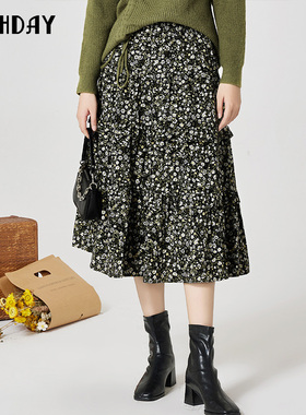 highday轩日2024冬季新款高腰半身裙女复古碎花加绒a字过膝中长裙
