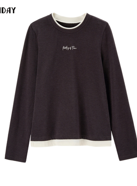 轩日24冬季新款假两件圆领上衣打底衫女商场同款字母绣花长袖T恤