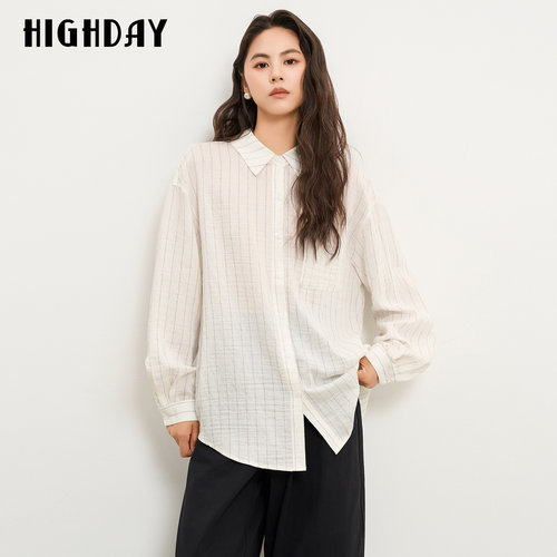 HIGHDAY轩日轻薄垂感条纹衬衫女2026秋季宽松慵懒亚麻气质上衣女