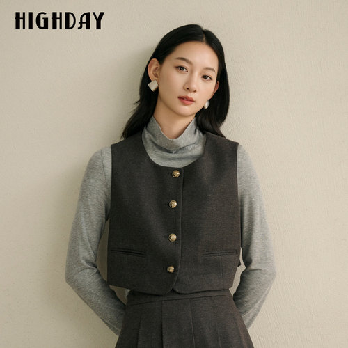 HIGHDAY轩日高领浅灰色长袖T恤女2026秋季极简修身内搭上衣打底衫