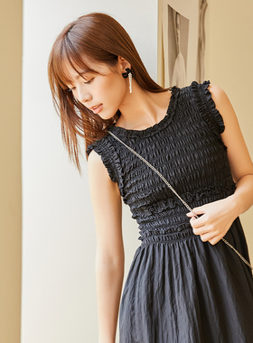 highday轩日夏款黑色修身无袖连衣裙女法式木耳边显瘦气质背心裙