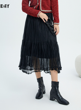 轩日商场同款半身裙女2025春秋新款高腰压皱黑色网纱中长裙过膝裙