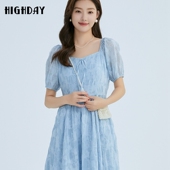 新修身 公主裙女商场同款 法式 highday轩日2024夏季 方领短袖 连衣裙