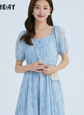 highday轩日2024夏季新修身公主裙女商场同款法式方领短袖连衣裙