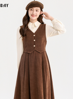 轩日2024冬季商场同款女装假两件修身背心裙复古英伦风无袖连衣裙