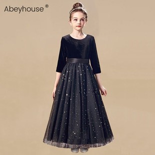 黑色丝绒礼服女童公主裙秋冬半袖钢琴演出服乐团合奏小提琴演奏服