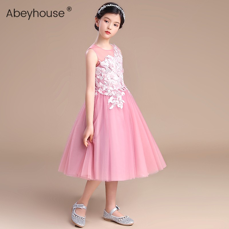 女童立体刺绣粉色公主裙演出短裙