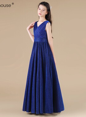 原创女童宝蓝色晚礼服儿童钢琴演出服中大童长款公主裙艺考主持服