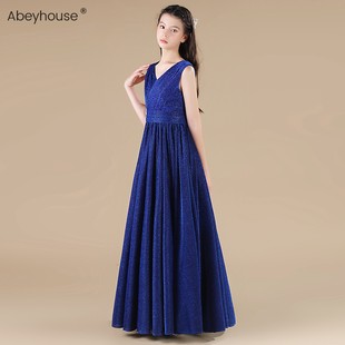 原创女童宝蓝色晚礼服儿童钢琴演出服中大童长款公主裙艺考主持服