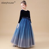 女童长款 晚礼服钢琴演出服儿童合唱团主持人公主裙蓬蓬纱丝绒长袖