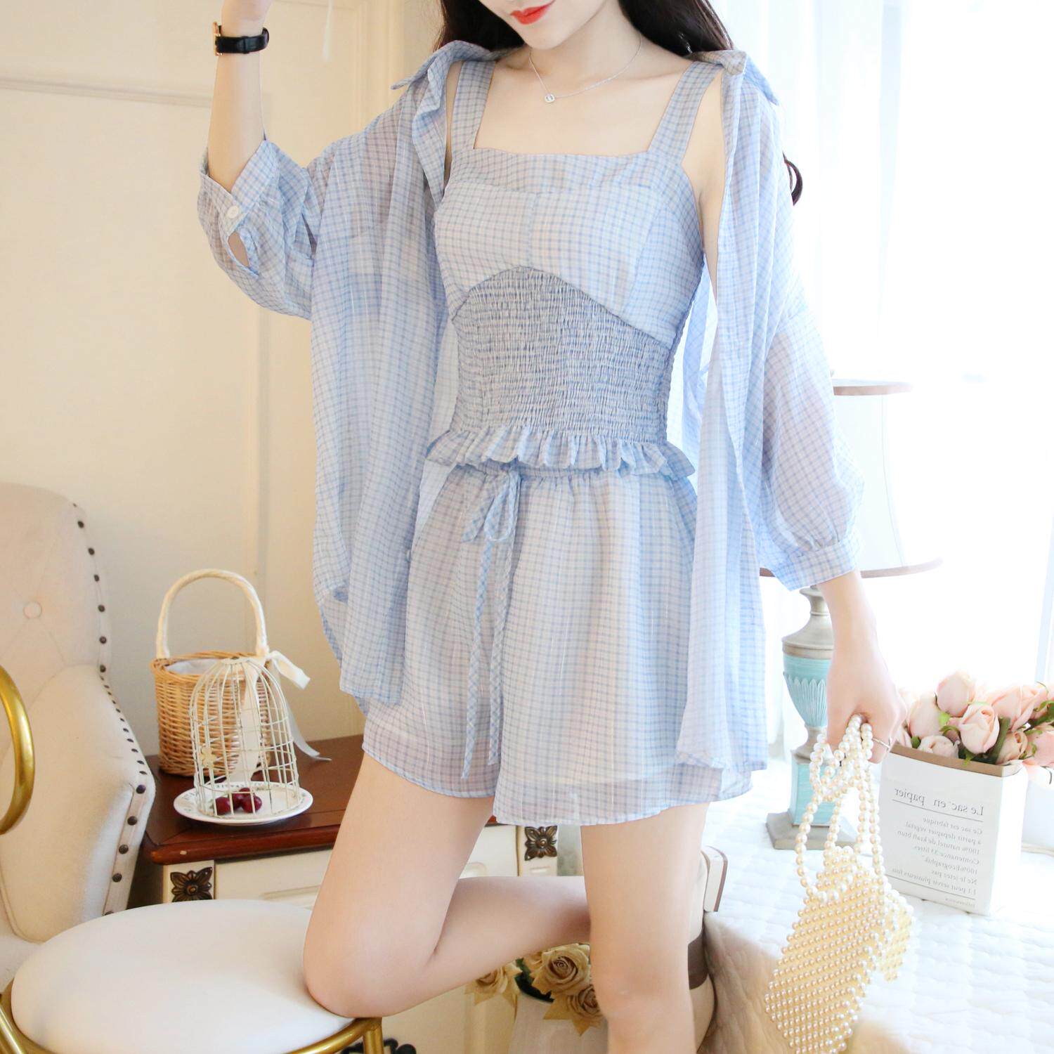 活泼俏皮套装2020年新款女夏装时尚女人味防晒衫三件套洋气减龄裤