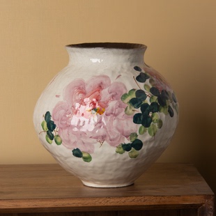 143,076景德镇中式复古陶瓷花瓶手工手绘插花花器(口13高22肚21）