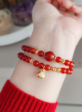 2025蛇年本命年天然红玛瑙手串女转运珠福袋红色玛瑙水晶双圈手链
