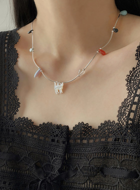 小众设计多巴胺彩色猫咪串珠弯管纯银项链女锁骨链夏日海边度假
