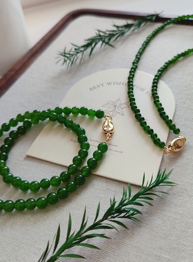 显白新中式绿色玉髓串珠碧玉色项链元宝扣复古锁骨链2024新款爆款
