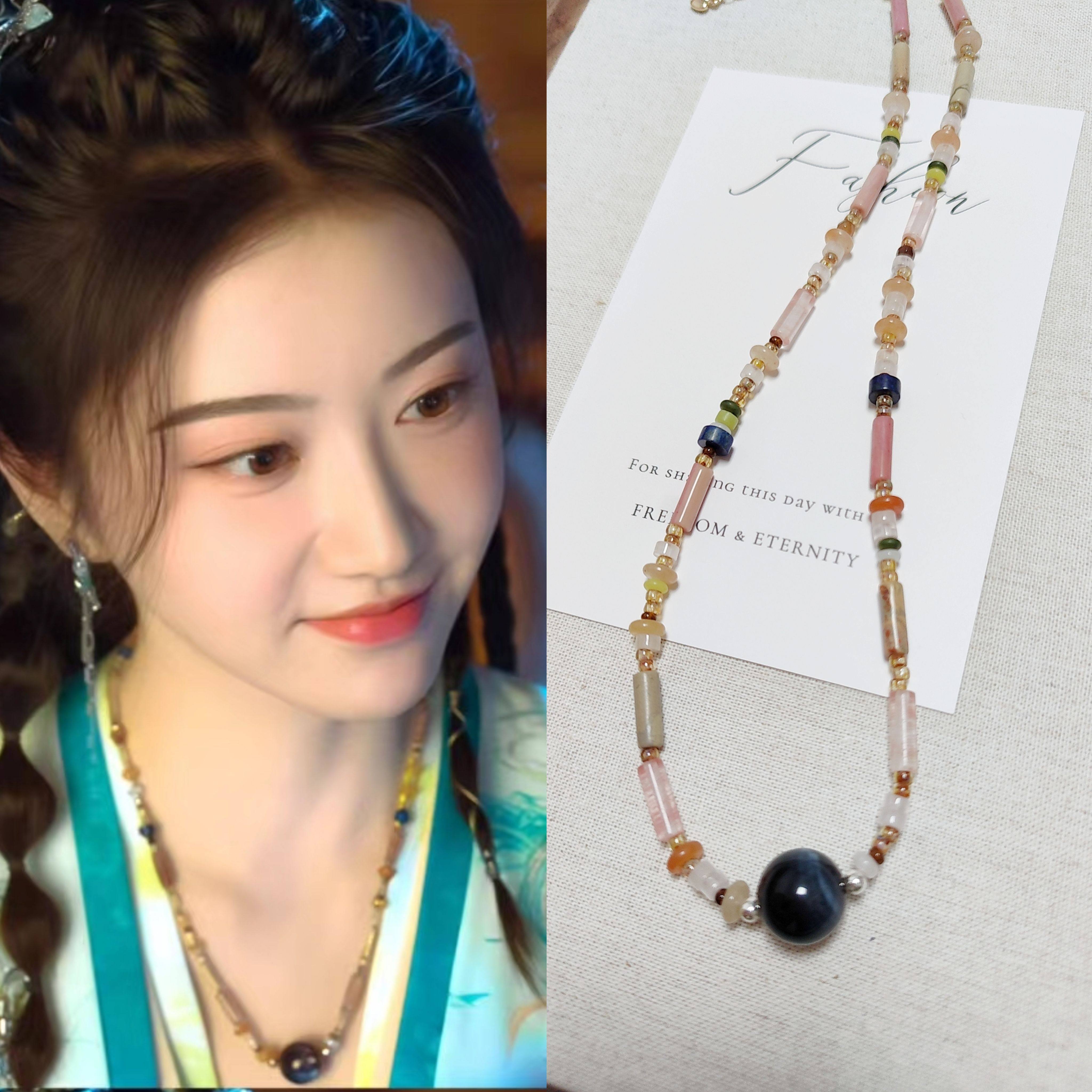 四海重明南颜景甜同款银蛟珠项链彩色石头串珠锁骨链复古百搭轻奢 - 实物图