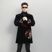 国风V领裘皮唐装 盘扣进口貂绒皮草大衣天鹅绒水貂皮毛一体男外套