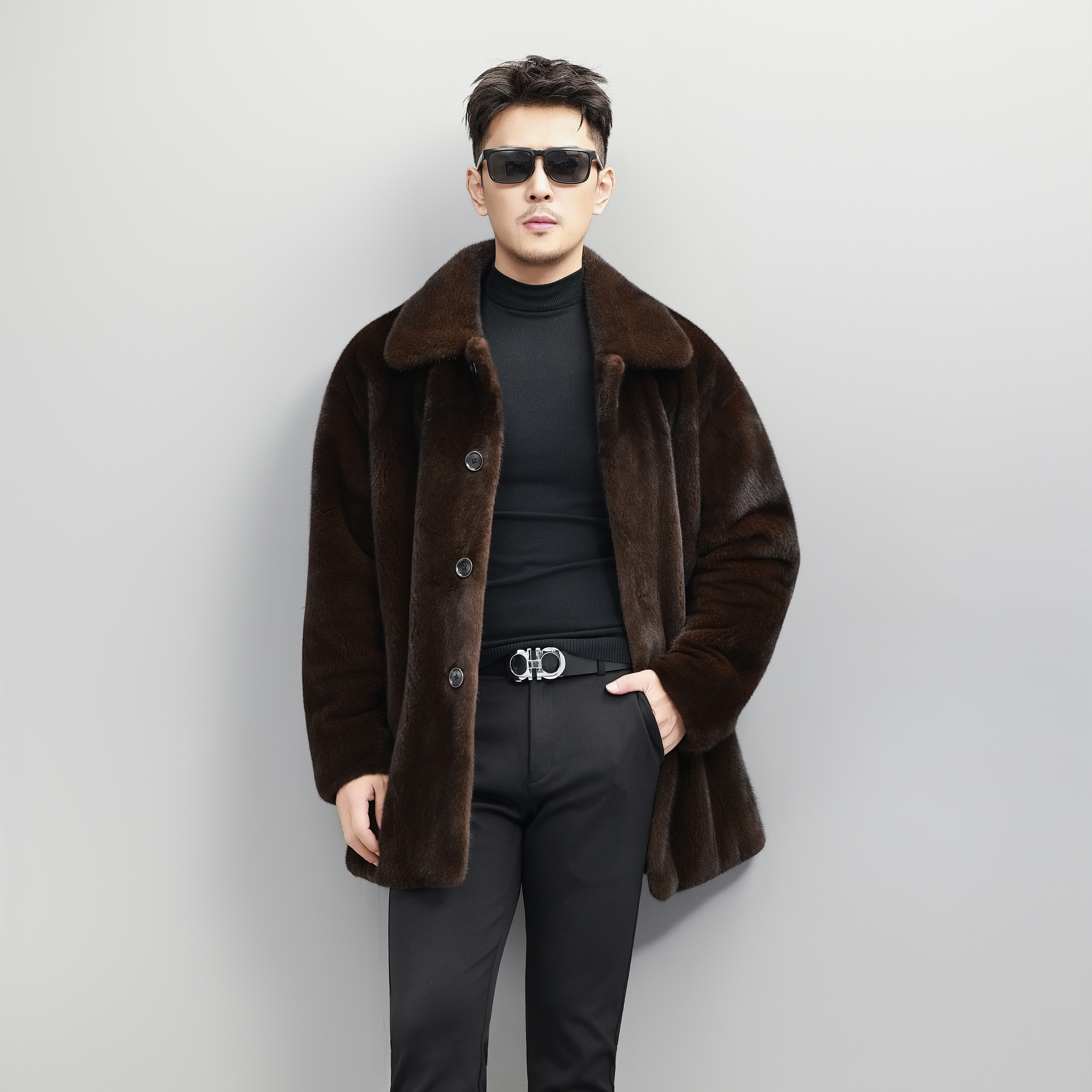 进口本黑宝嘉美水貂男士皮草大衣