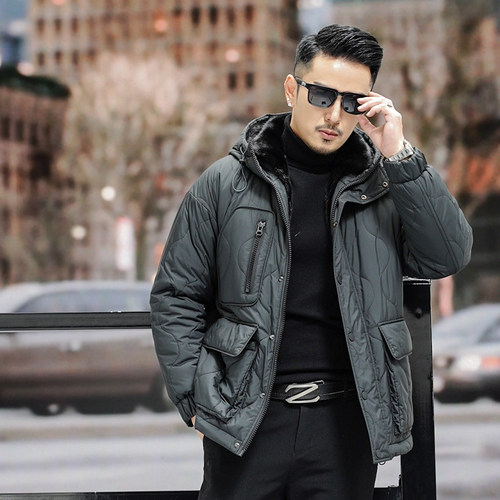 进口水貂内胆连帽派克服男装皮草