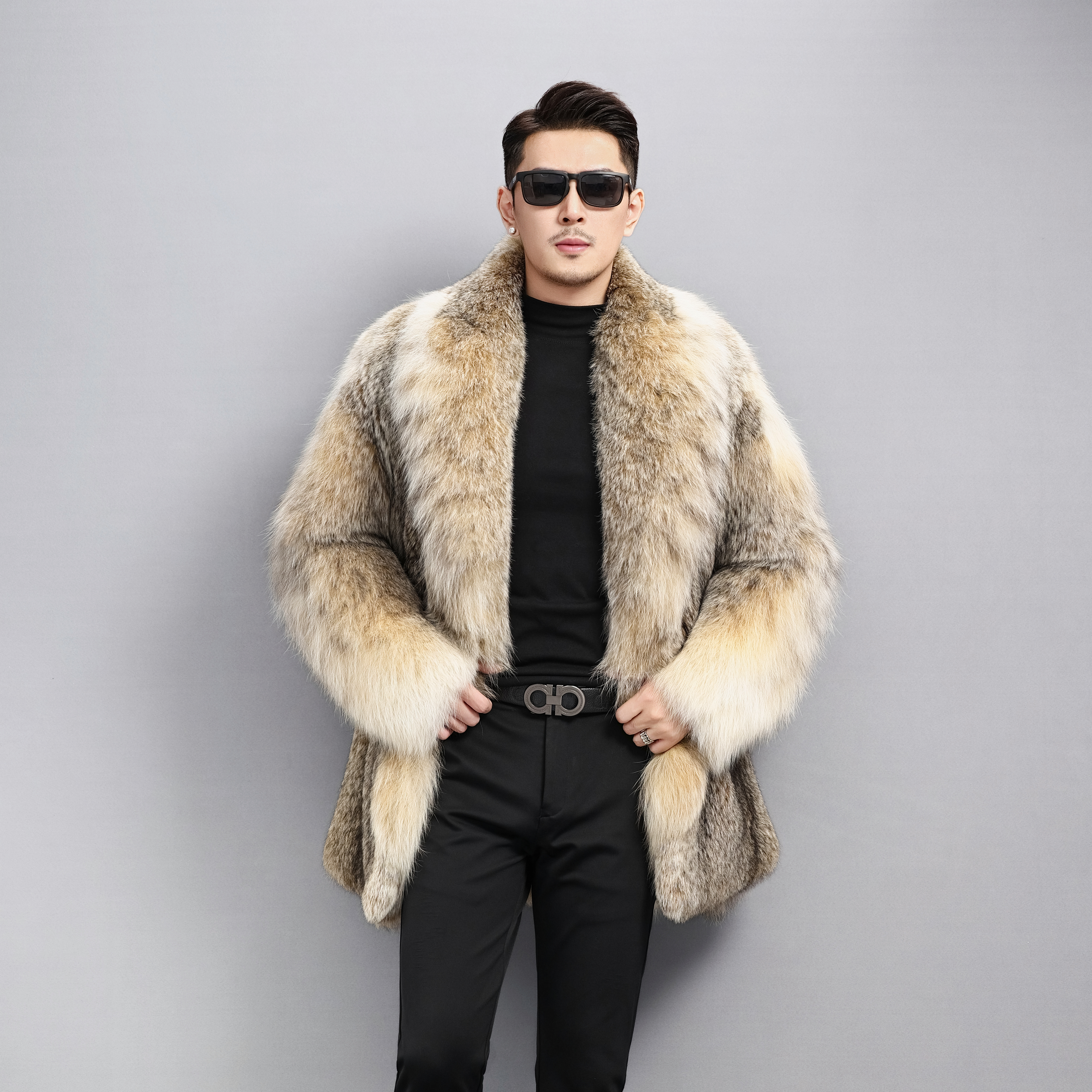 猞猁大衣男士进口皮草长款翻领